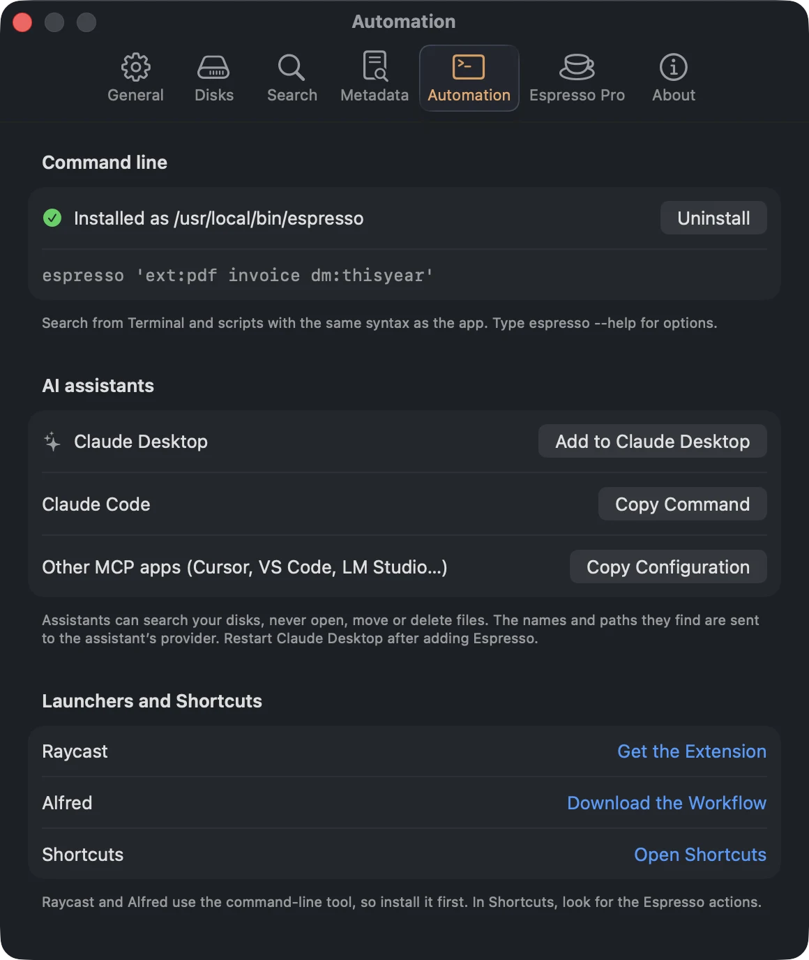 Settings › Automation: the command line installed as /usr/local/bin/espresso; Add to Claude Desktop, Copy Command for Claude Code and Copy Configuration for other MCP apps; Raycast, Alfred and Shortcuts.