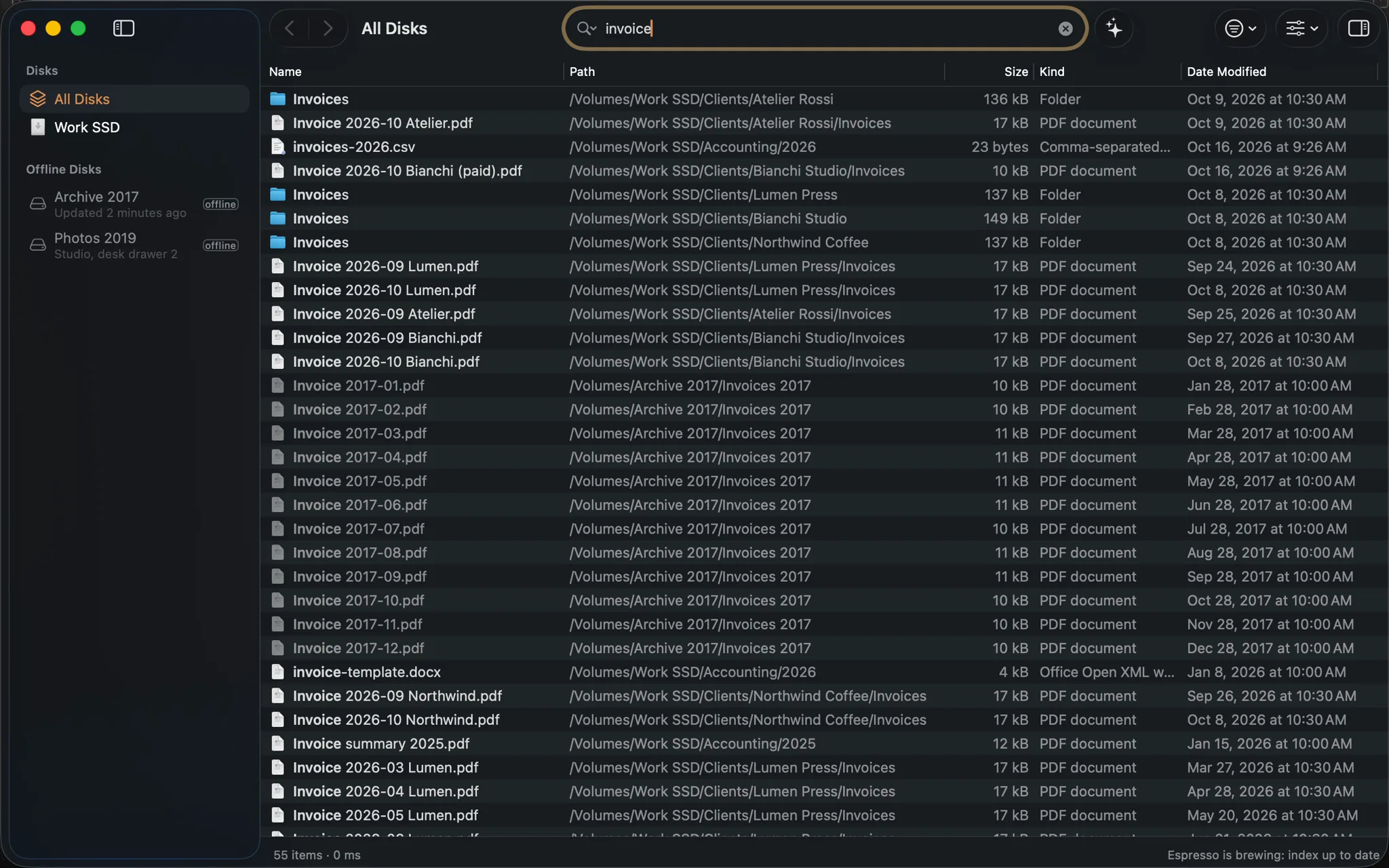 The Espresso window: sidebar with All Disks, Work SSD and two offline disks; the search field; results with Name, Path, Size, Kind and Date Modified columns; the status bar.
