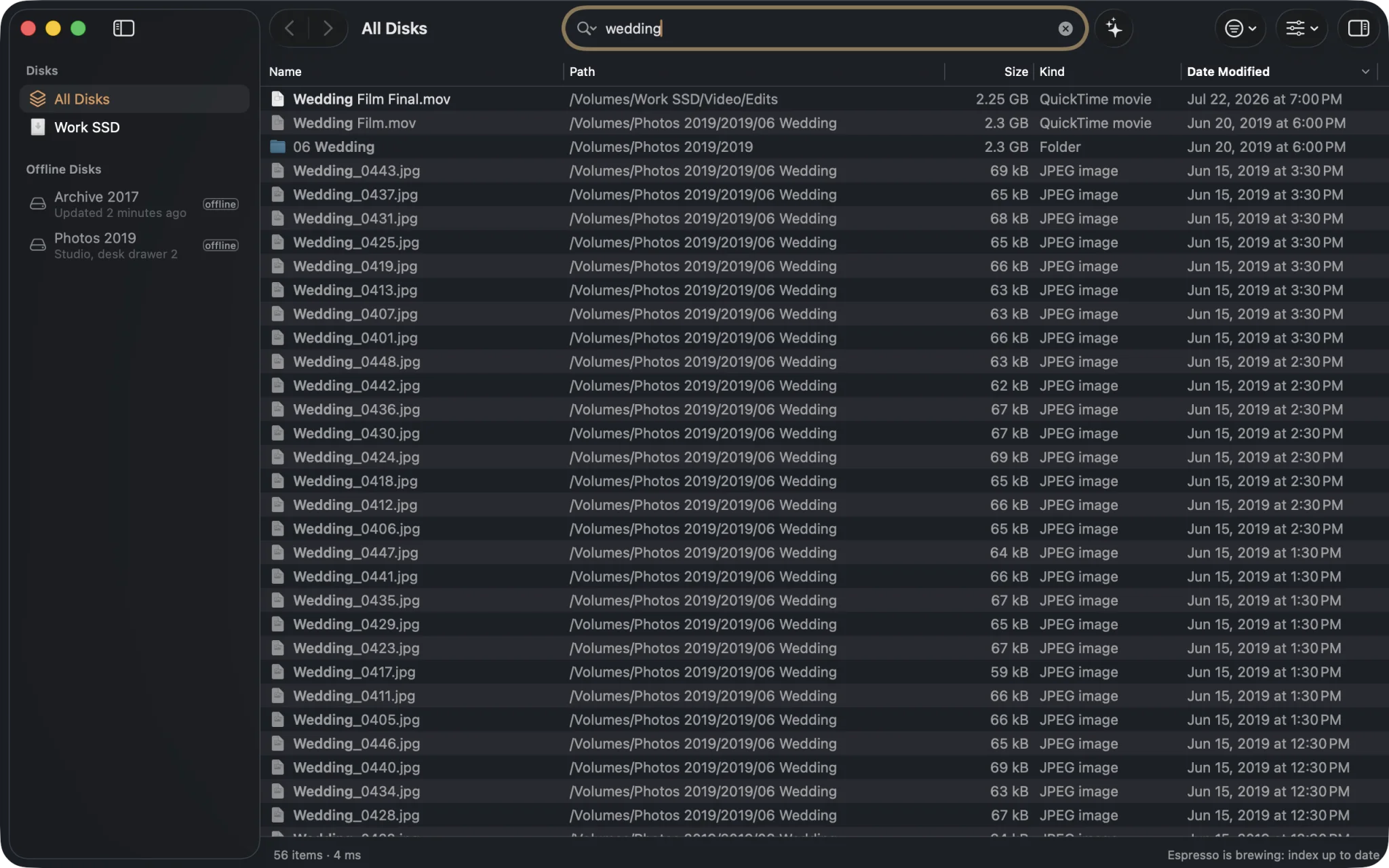 Searching “wedding” with Archive 2017 and Photos 2019 offline: the photos and the film on Photos 2019 are listed in grey, alongside a film on the connected Work SSD.