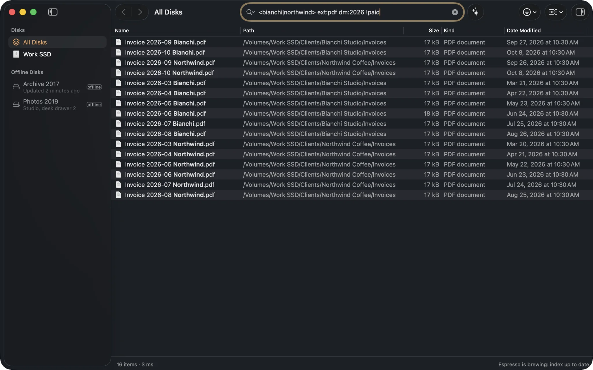 The search <bianchi|northwind> ext:pdf dm:2026 !paid finds 16 invoices in 3 ms.