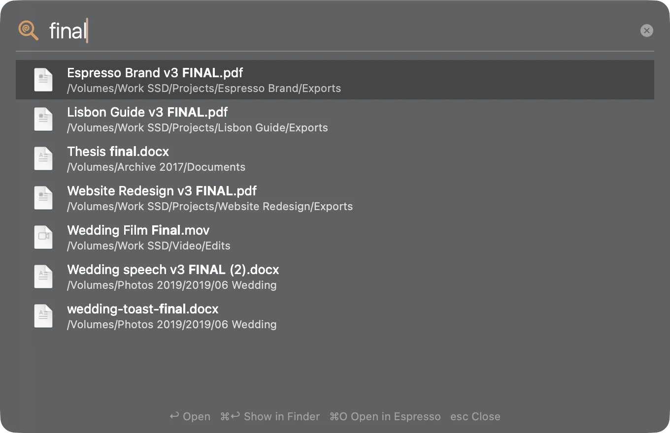 The Shot searching for “final”: seven documents and a video from three disks, with ↩ Open, ⌘↩ Show in Finder, ⌘O Open in Espresso and esc Close along the bottom.