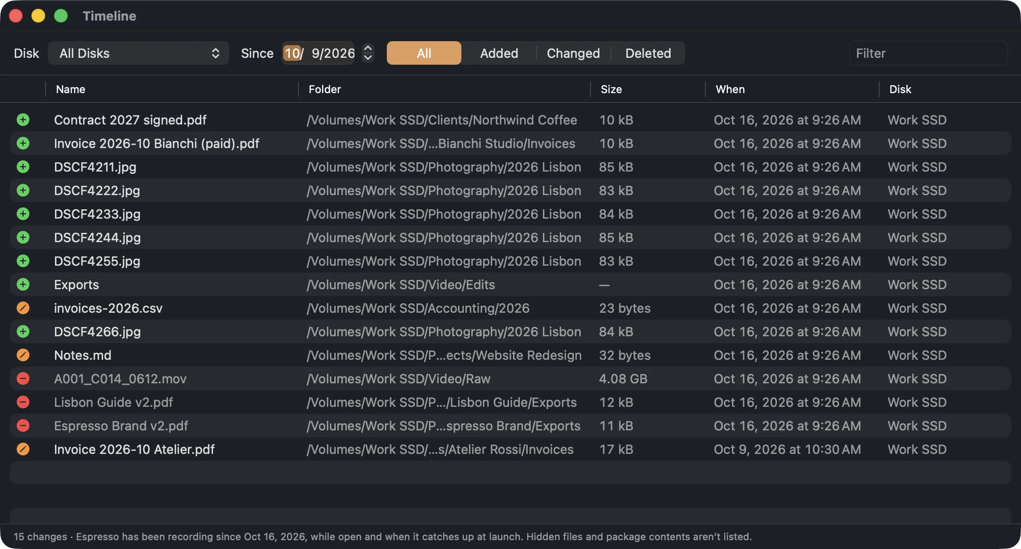 The Timeline for All Disks since 10/9/2026: photos and a signed contract added, a CSV and notes changed, a 4 GB video and two PDF exports deleted, each with folder, size, time and disk.